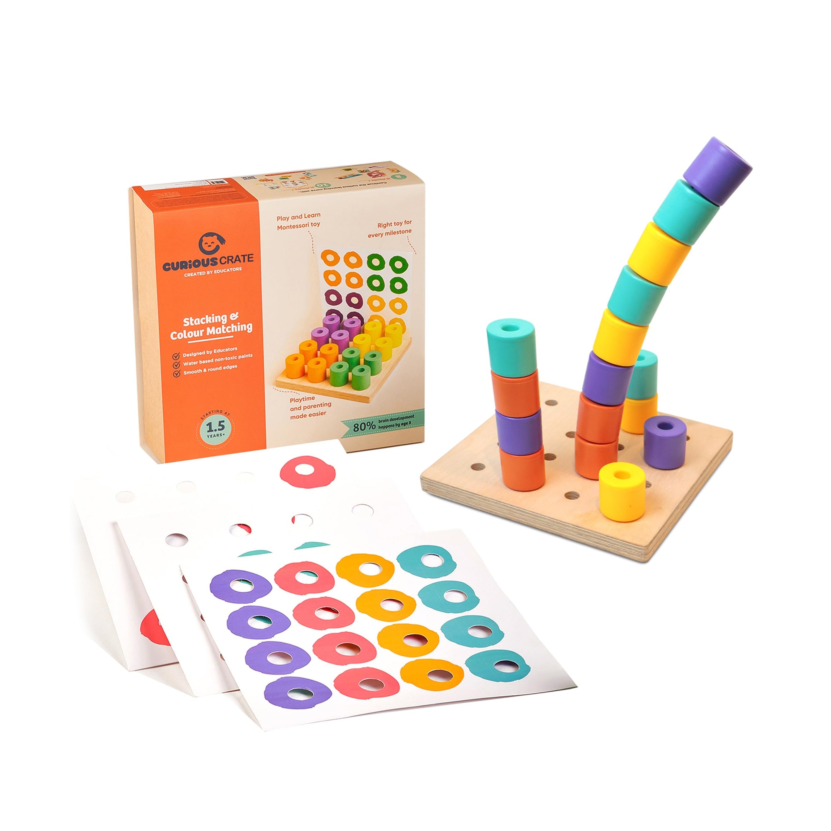 Curious Cub Wooden Stacking & Colour Matching Toy, Montessori-Inspired Educational Ring Stacker for Toddlers Aged 1.5 Years+, Develops Hand-Eye Coordination, Color & Size Recognition