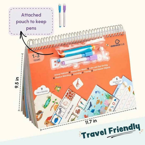 Curious Cub Animal Busy Book for Toddlers Ages 1–3 Years | Montessori-Inspired Learning with 8 Velcro Activities, 5 Wipe & Clean Sheets, and 3 Search & Find Games