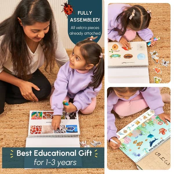 Curious Cub Animal Busy Book for Toddlers Ages 1–3 Years | Montessori-Inspired Learning with 8 Velcro Activities, 5 Wipe & Clean Sheets, and 3 Search & Find Games