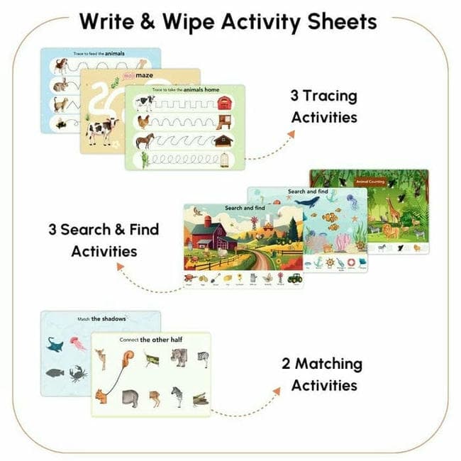 Curious Cub Animal Busy Book for Toddlers Ages 1–3 Years | Montessori-Inspired Learning with 8 Velcro Activities, 5 Wipe & Clean Sheets, and 3 Search & Find Games