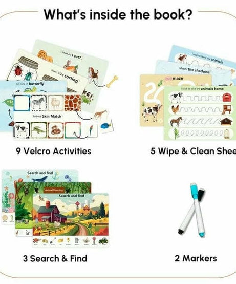 Curious Cub Animal Busy Book for Toddlers Ages 1–3 Years | Montessori-Inspired Learning with 8 Velcro Activities, 5 Wipe & Clean Sheets, and 3 Search & Find Games - MINIMEE KIDS