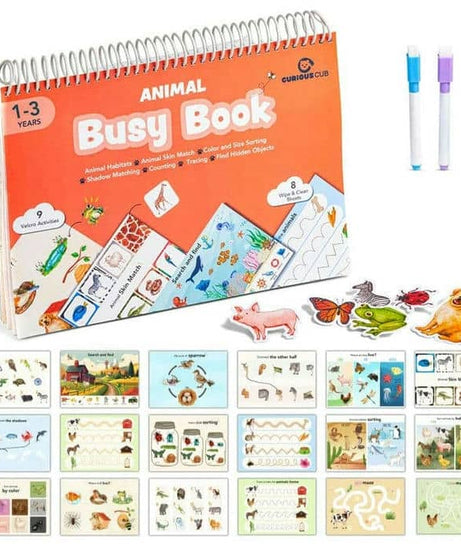 Curious Cub Animal Busy Book for Toddlers Ages 1–3 Years | Montessori-Inspired Learning with 8 Velcro Activities, 5 Wipe & Clean Sheets, and 3 Search & Find Games - MINIMEE KIDS