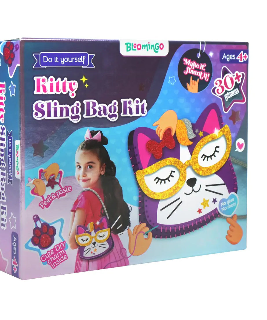 Bloomingo DIY Kitty Sling Bag Kit for Kids – 34-Piece Craft Set with Felt Stickers, Plastic Needle & Yarn – Fun Sewing & Decorating Activity for Creative Play | Ages 4+