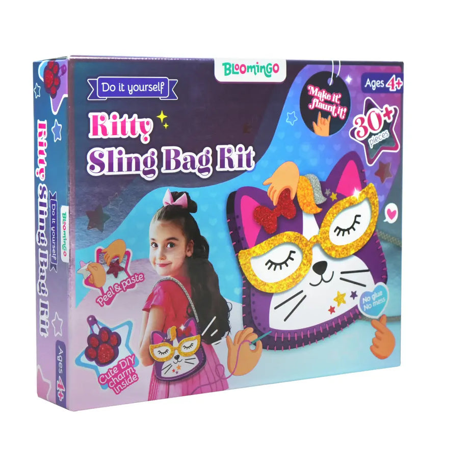 Bloomingo DIY Kitty Sling Bag Kit for Kids – 34-Piece Craft Set with Felt Stickers, Plastic Needle & Yarn – Fun Sewing & Decorating Activity for Creative Play | Ages 4+