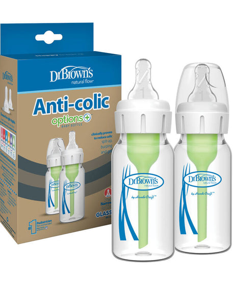 Dr. Brown’s Natural Flow Anti-Colic Options+ Narrow Glass Baby Bottle 4 oz (120mL), Level 1 Slow Flow Nipple, 2-Pack | Heat-Resistant Borosilicate Glass | BPA Free | Clinically Proven to Reduce Colic & Gas | 0m+ - MINIMEE KIDS