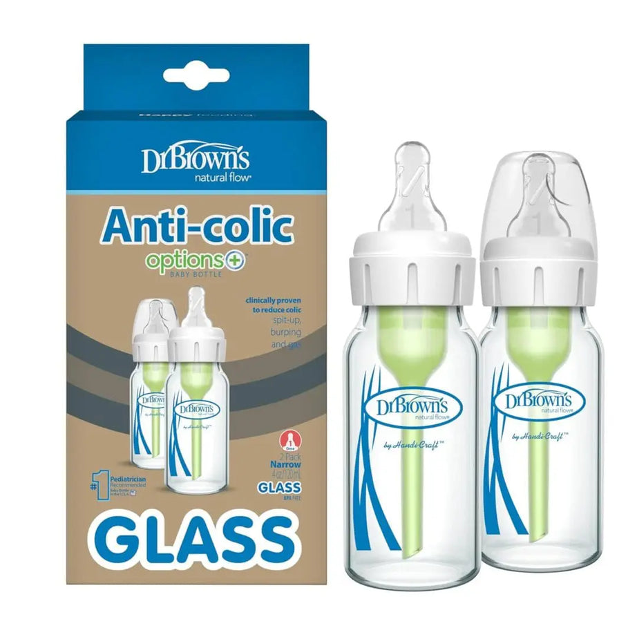 Dr. Brown’s Natural Flow Anti-Colic Options+ Narrow Glass Baby Bottle 4 oz (120mL), Level 1 Slow Flow Nipple, 2-Pack | Heat-Resistant Borosilicate Glass | BPA Free | Clinically Proven to Reduce Colic & Gas | 0m+