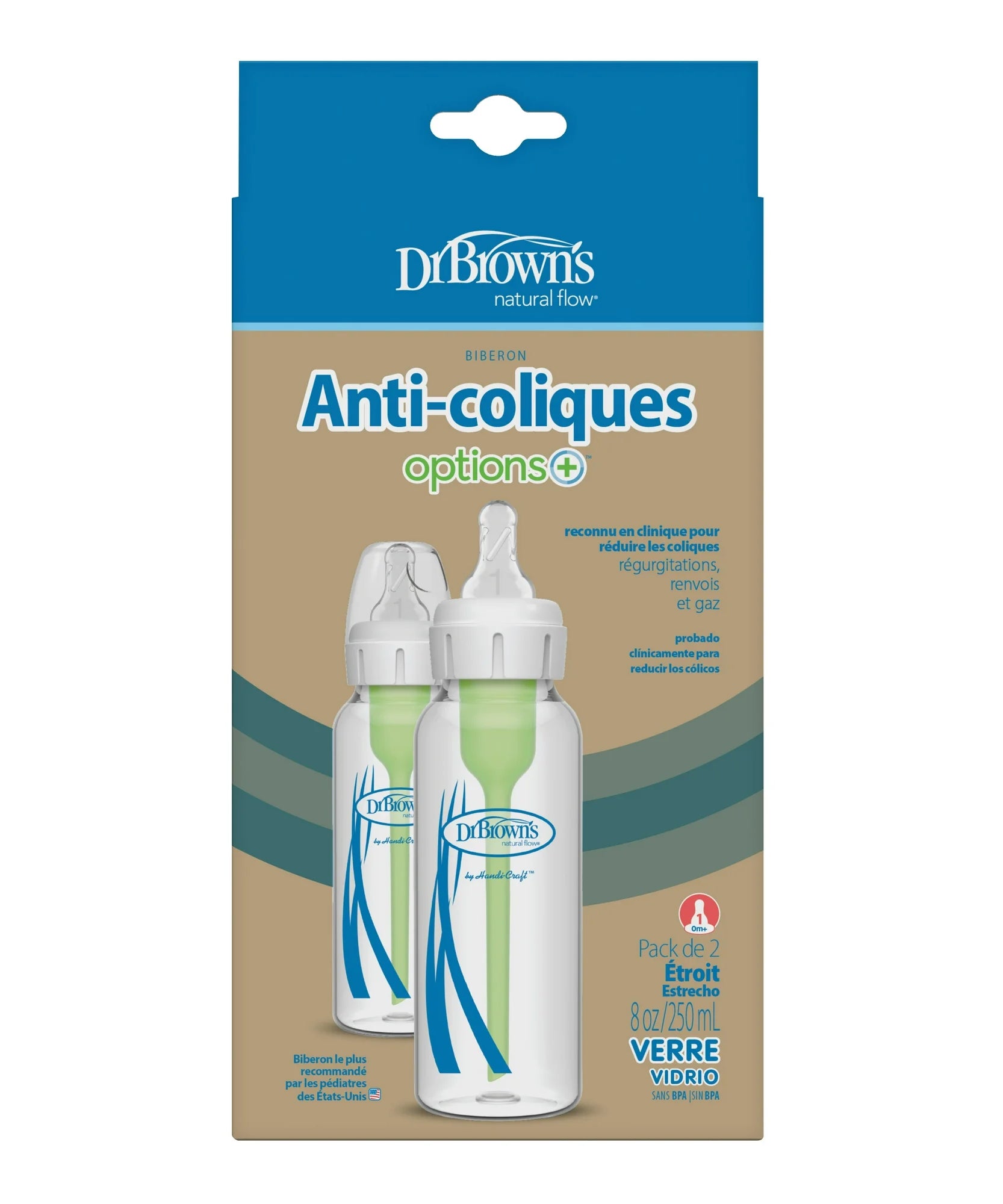 Dr. Brown’s Natural Flow Anti-Colic Options+ Narrow Glass Baby Bottle 8 oz (250mL), Level 1 Slow Flow Nipple, 2-Pack | BPA-Free Borosilicate Glass | Reduces Colic, Gas & Spit-Up | Vacuum-Free Breastfeeding-Like Feeding | 0m+ - MINIMEE KIDS