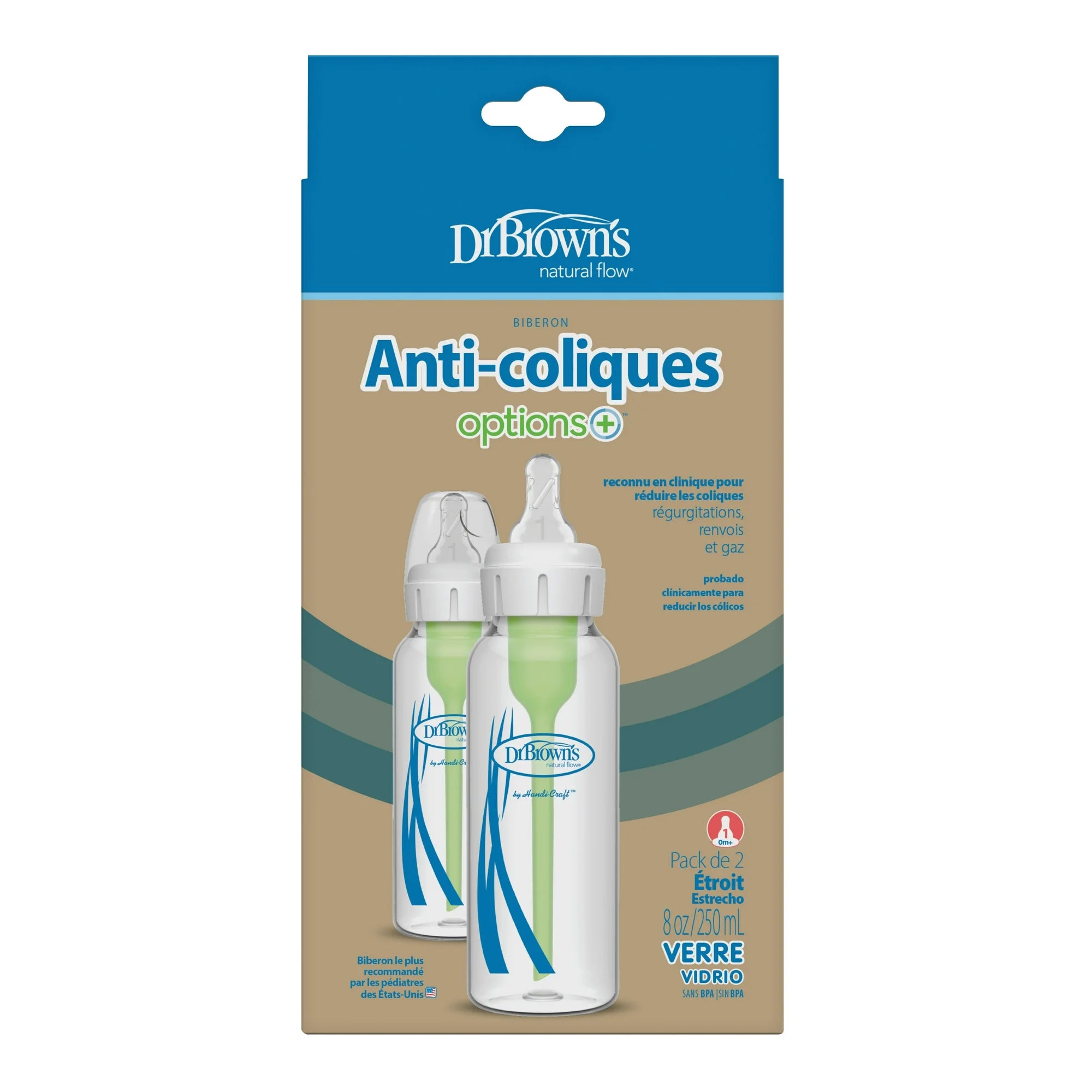 Dr. Brown’s Natural Flow Anti-Colic Options+ Narrow Glass Baby Bottle 8 oz (250mL), Level 1 Slow Flow Nipple, 2-Pack | BPA-Free Borosilicate Glass | Reduces Colic, Gas & Spit-Up | Vacuum-Free Breastfeeding-Like Feeding | 0m+