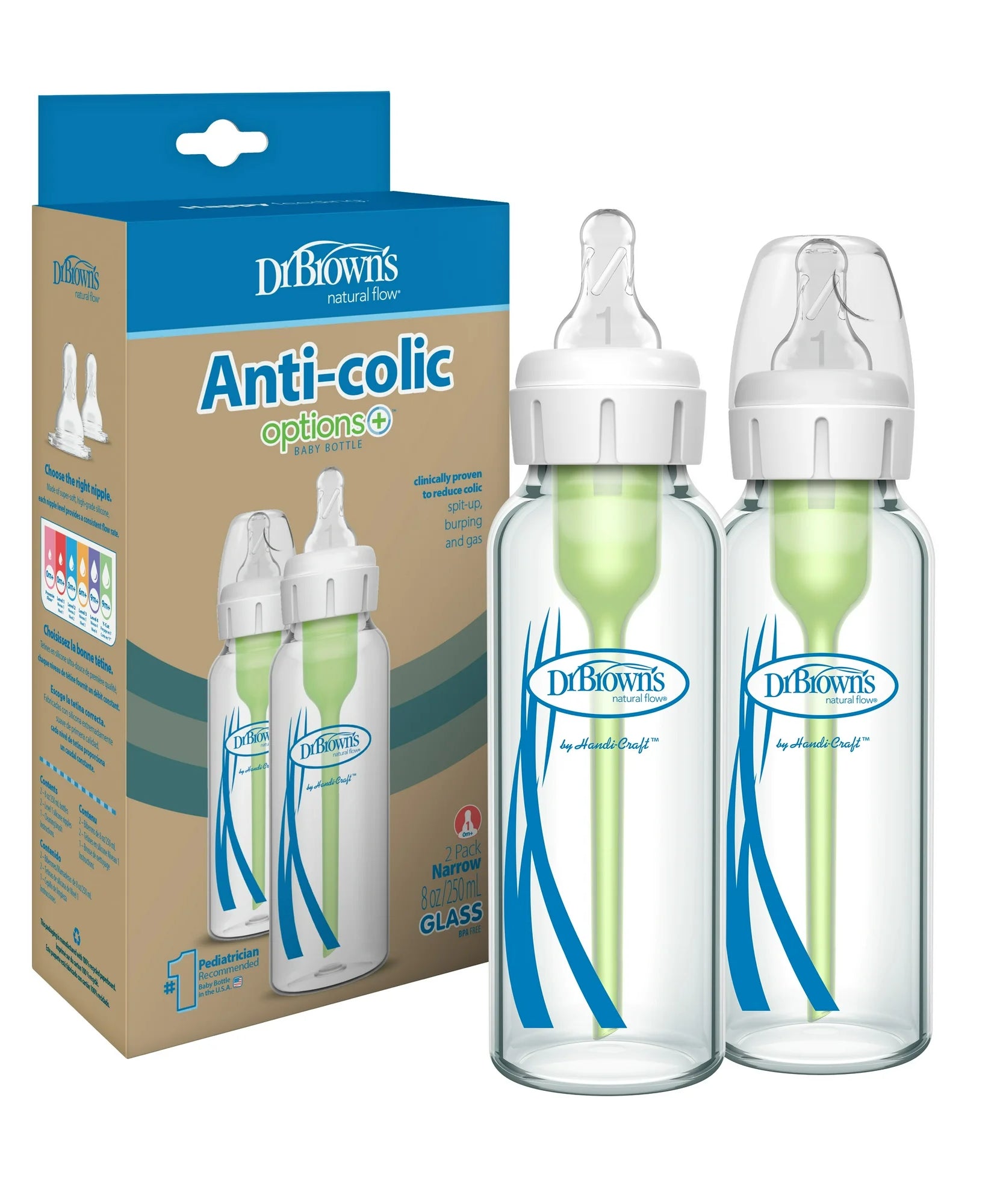 Dr. Brown’s Natural Flow Anti-Colic Options+ Narrow Glass Baby Bottle 8 oz (250mL), Level 1 Slow Flow Nipple, 2-Pack | BPA-Free Borosilicate Glass | Reduces Colic, Gas & Spit-Up | Vacuum-Free Breastfeeding-Like Feeding | 0m+ - MINIMEE KIDS