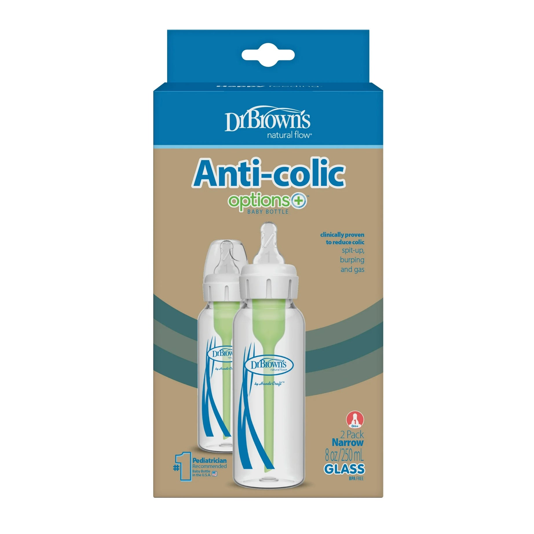 Dr. Brown’s Natural Flow Anti-Colic Options+ Narrow Glass Baby Bottle 8 oz (250mL), Level 1 Slow Flow Nipple, 2-Pack | BPA-Free Borosilicate Glass | Reduces Colic, Gas & Spit-Up | Vacuum-Free Breastfeeding-Like Feeding | 0m+