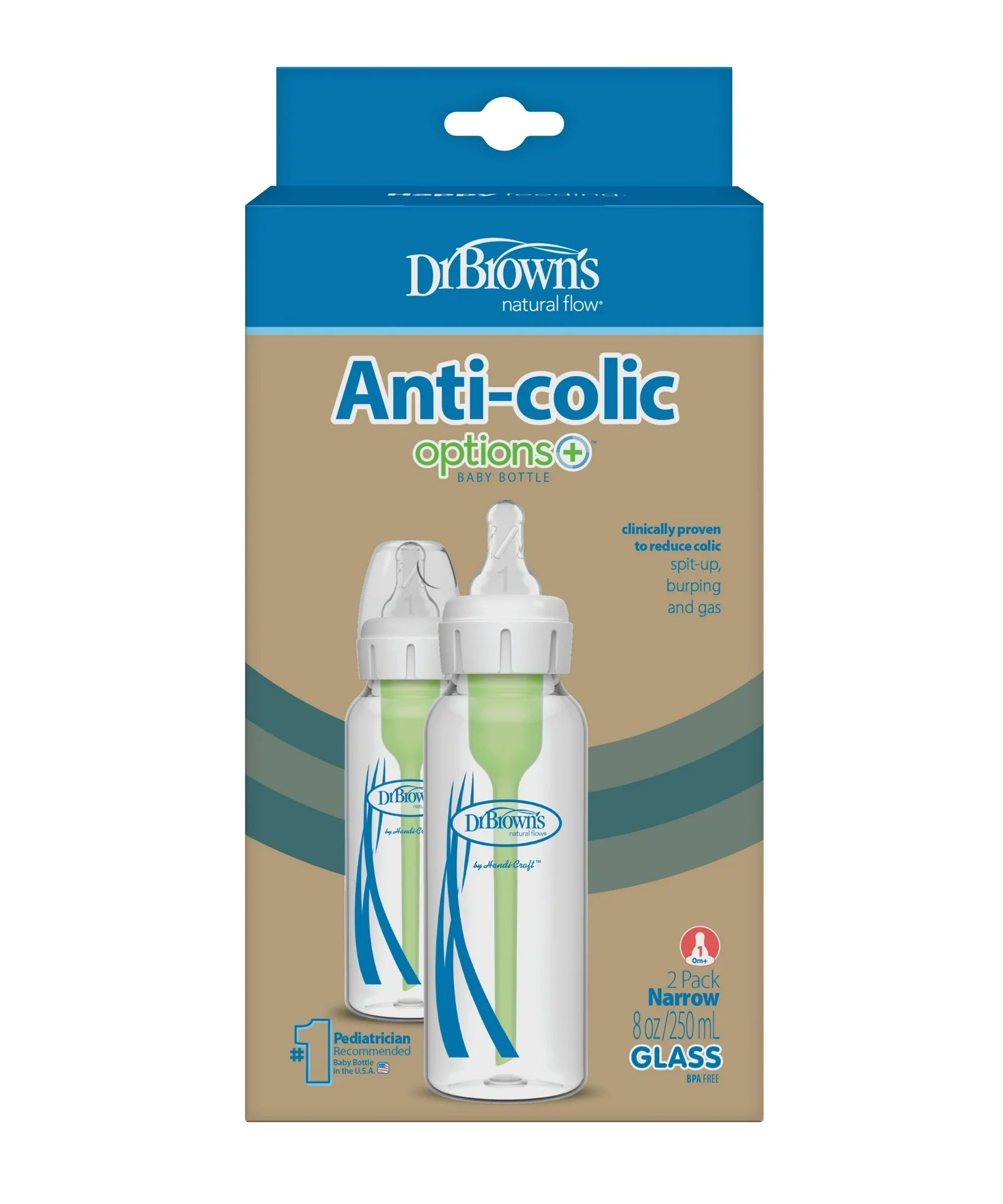 Dr. Brown’s Natural Flow Anti-Colic Options+ Narrow Glass Baby Bottle 8 oz (250mL), Level 1 Slow Flow Nipple, 2-Pack | BPA-Free Borosilicate Glass | Reduces Colic, Gas & Spit-Up | Vacuum-Free Breastfeeding-Like Feeding | 0m+ - MINIMEE KIDS