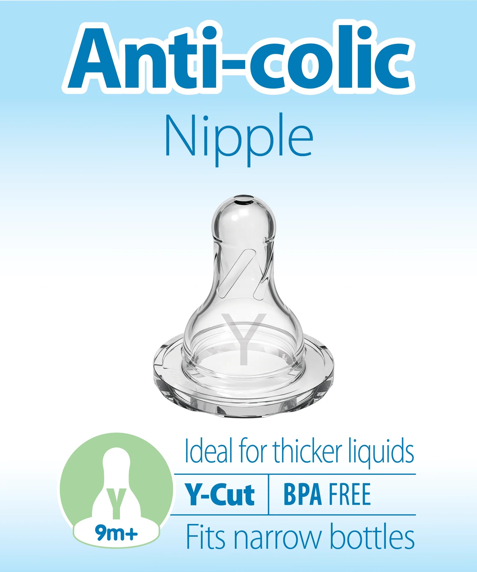 Dr. Brown's Natural Flow Anti-Colic | Y-Cut Narrow Baby Bottle Silicone Nipple | Ideal for Thicker Liquids | 9m+ | 100% Silicone | 2-Pack