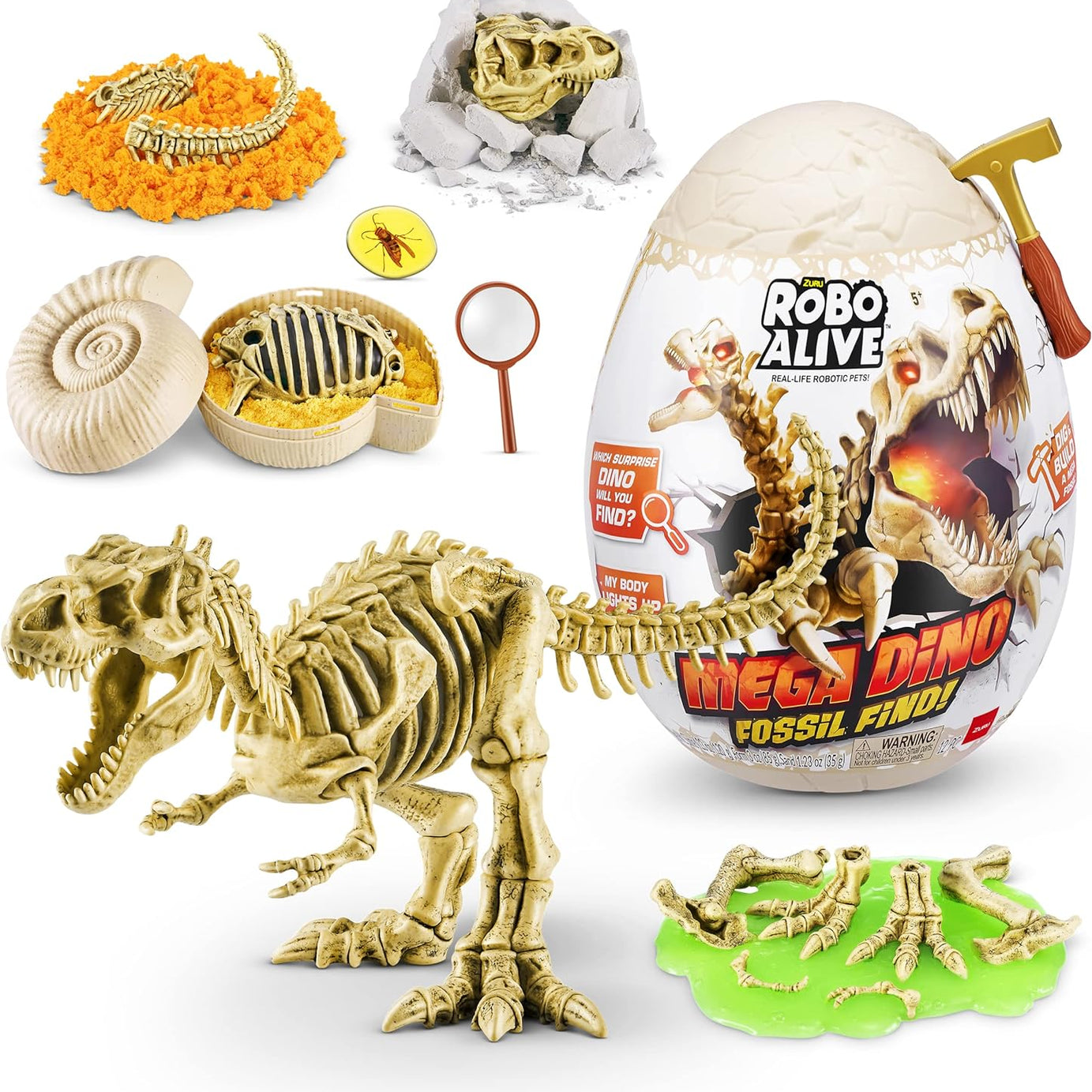 Zuru Robo Alive Mega Dino Fossil Find - Excavation Kit with Robotic Dinosaur Skeleton, Lights Up, Roars, Includes Fossils, Slime, and Sand, for Kids Ages 5+