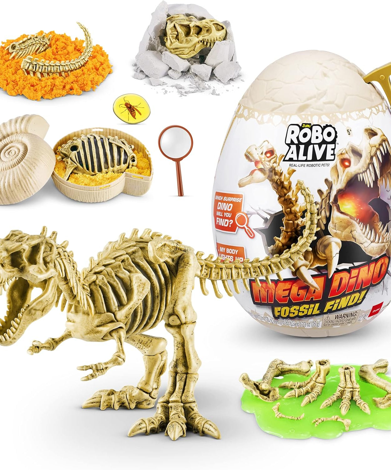 Zuru Robo Alive Mega Dino Fossil Find - Excavation Kit with Robotic Dinosaur Skeleton, Lights Up, Roars, Includes Fossils, Slime, and Sand, for Kids Ages 5+