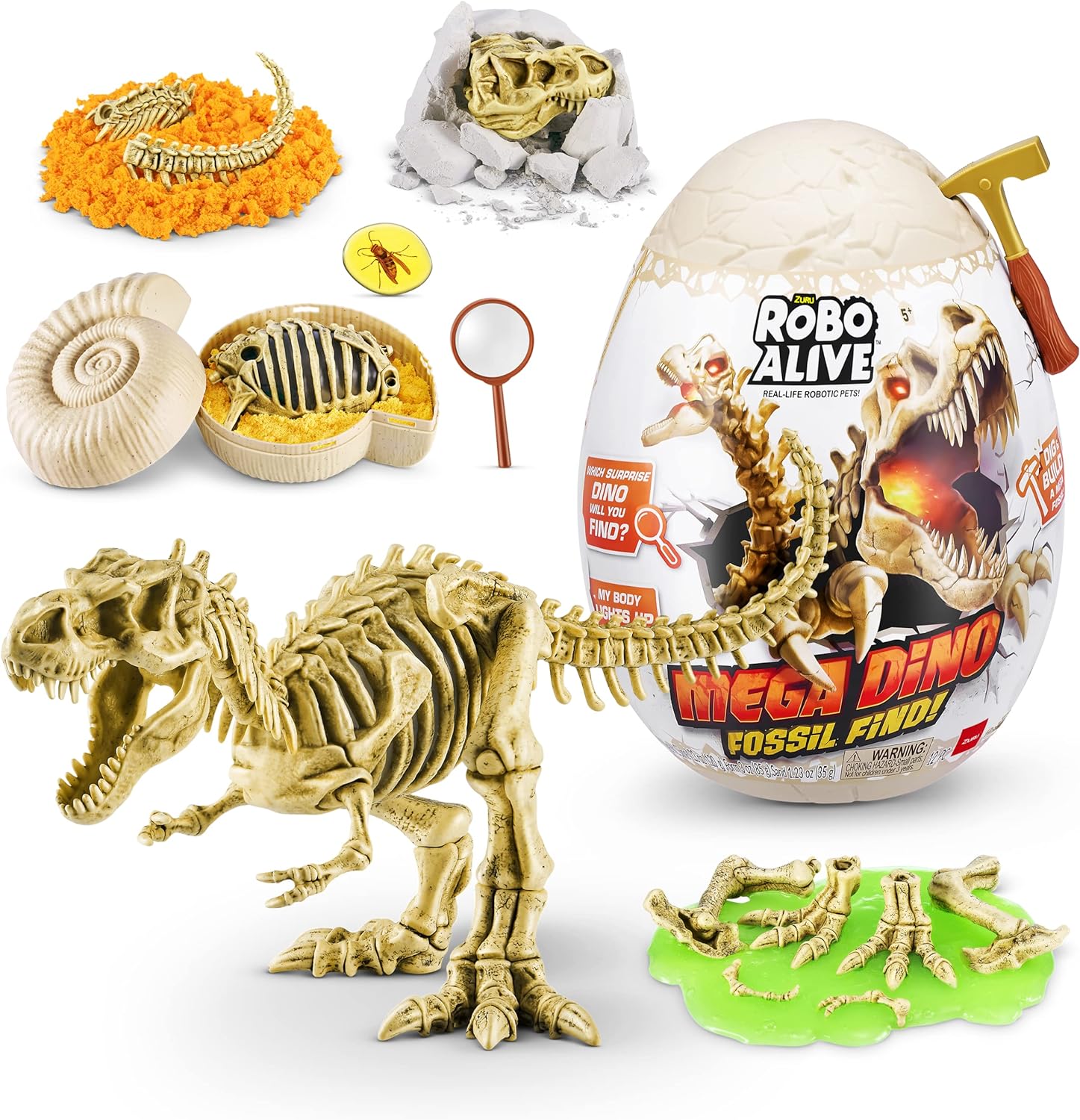 Zuru Robo Alive Mega Dino Fossil Find - Excavation Kit with Robotic Dinosaur Skeleton, Lights Up, Roars, Includes Fossils, Slime, and Sand, for Kids Ages 5+