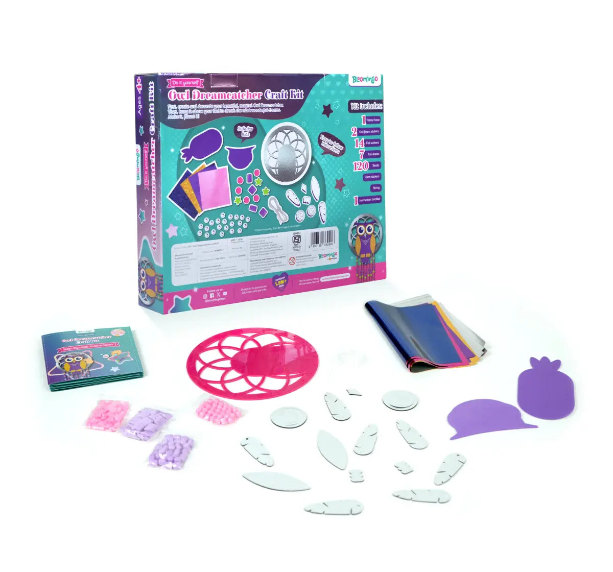 Bloomingo DIY Owl Dreamcatcher Craft Kit for Kids | 150+ Pieces | Mess-Free Foil Art Activity | Develops Creativity & Fine Motor Skills | Fun DIY Arts & Crafts for Girls & Boys | Ages 4 & Up