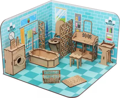 Webby DIY Wooden Doll Bathroom with Furniture Dollhouse Kit for Kids