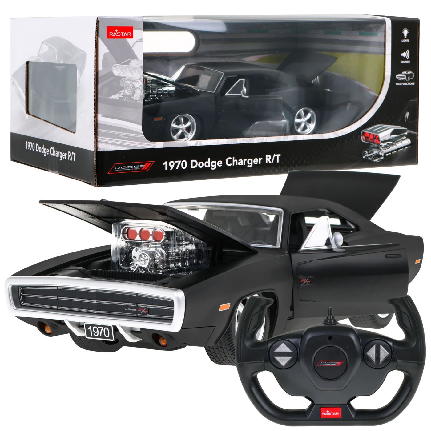 Rastar 1970 Dodge Charger R/T 1/16 Scale Licensed RC Car – Fast & Furious Remote Control Toy with Engine, Openable Doors, LED Lights & 2.4GHz Racing System for Kids & Collectors | 6+ Years