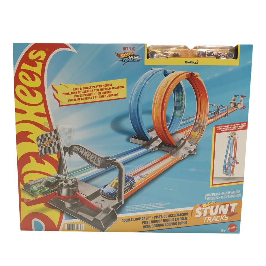 Hot Wheels Stunt Tracks Double Loop Dash Track Set Loops, Cars, Head-to-Head Racing 5+ Years GFH85