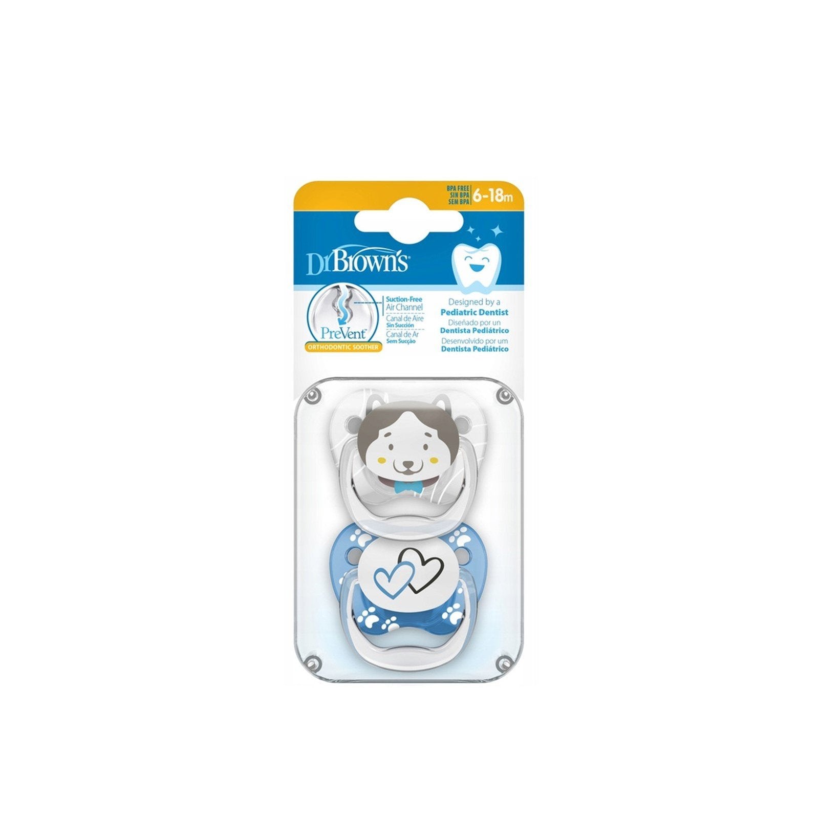 Dr Brown's PreVent Orthodontic Soother for 6-18 Months | Soft Silicone & Suction-Free Air Channel ( Design Vary)