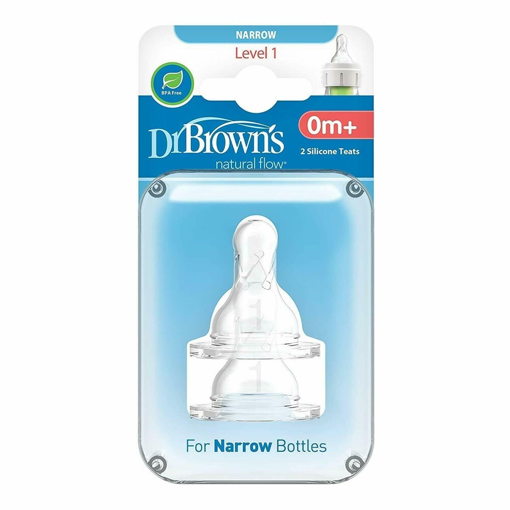 Dr. Brown's Natural Flow Narrow Baby Bottle Silicone Nipple | Level 1 | 0m+ | 100% Silicone | Pack of 2