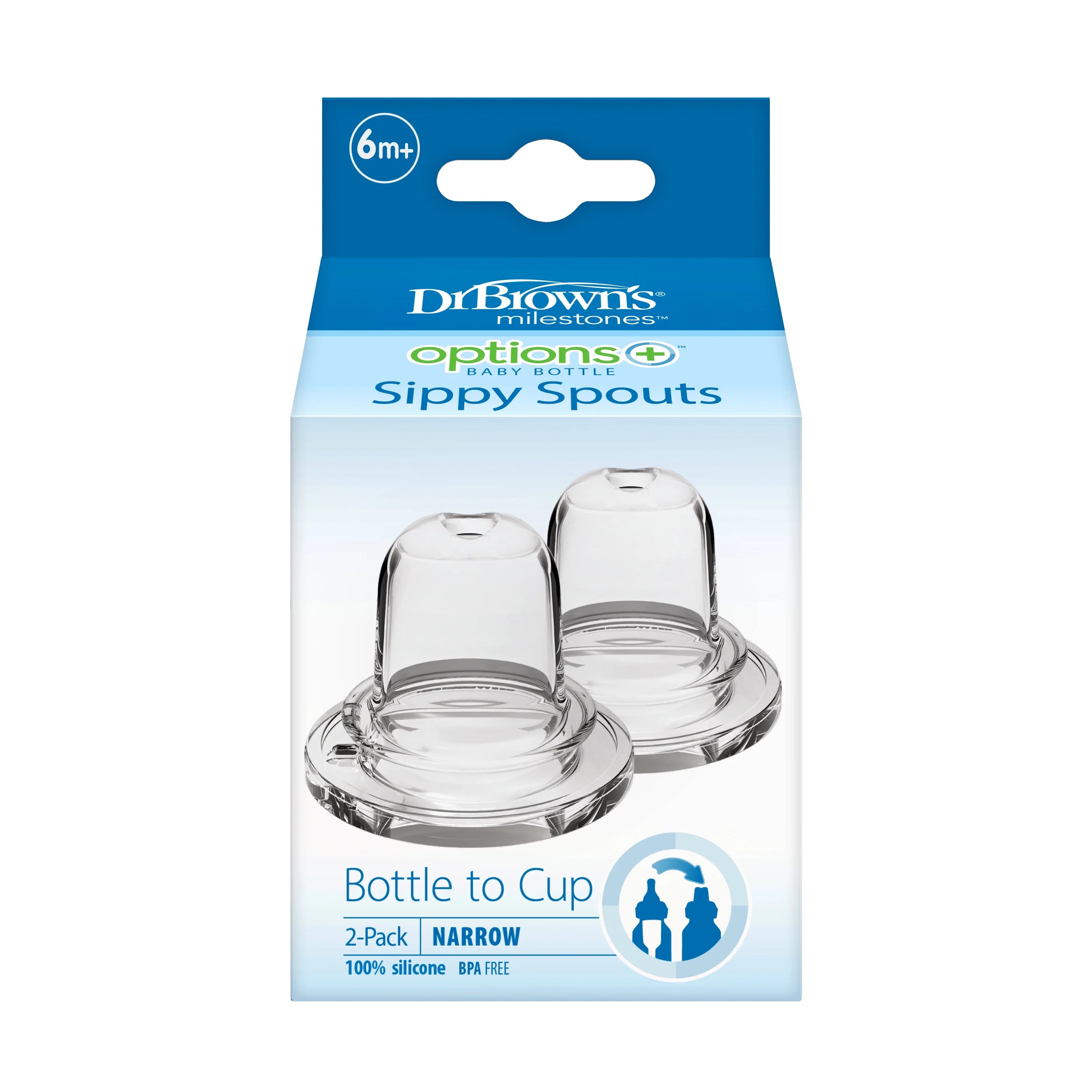 Dr. Brown's Milestones Options+ Baby Bottle Sippy Spouts - Narrow, Soft 100% Silicone (6m+, BPA Free) | Pack of 2