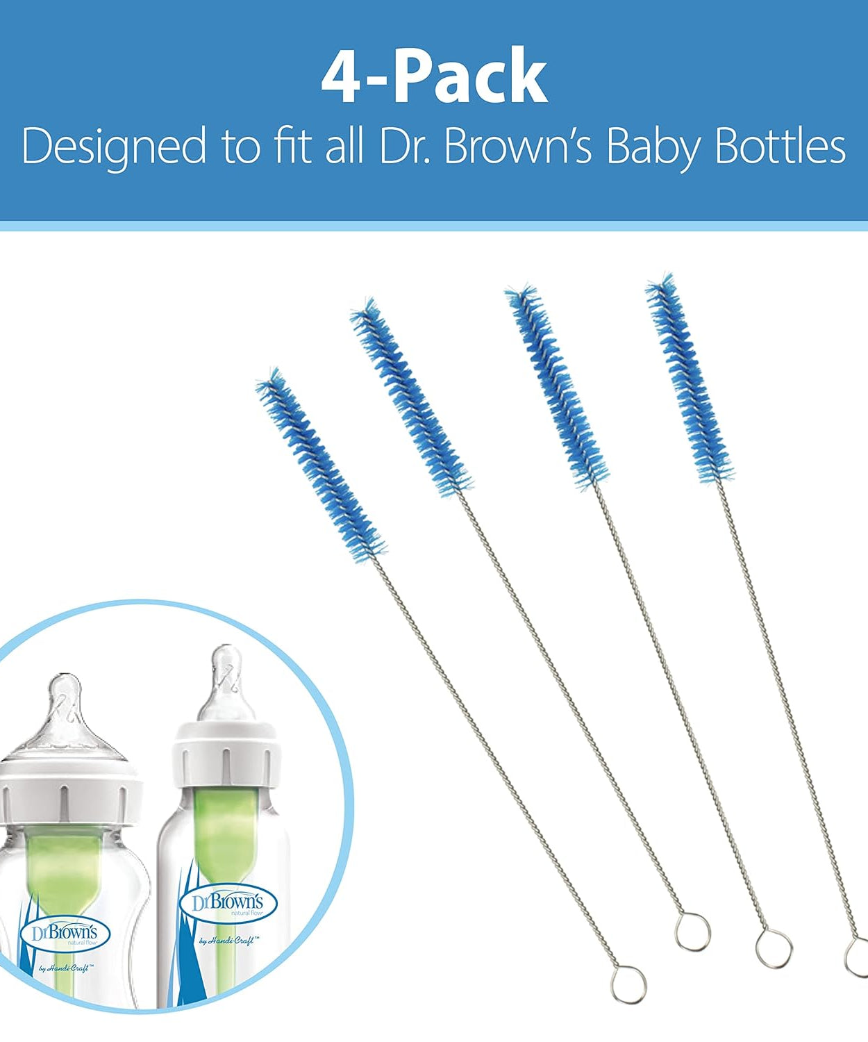 Dr. Brown's Natural Flow Cleaning Brushes - Essential Cleaning Set for Bottle Parts, Straws, and Sippy Spouts | BPA-Free | Pack of 4 Brushes