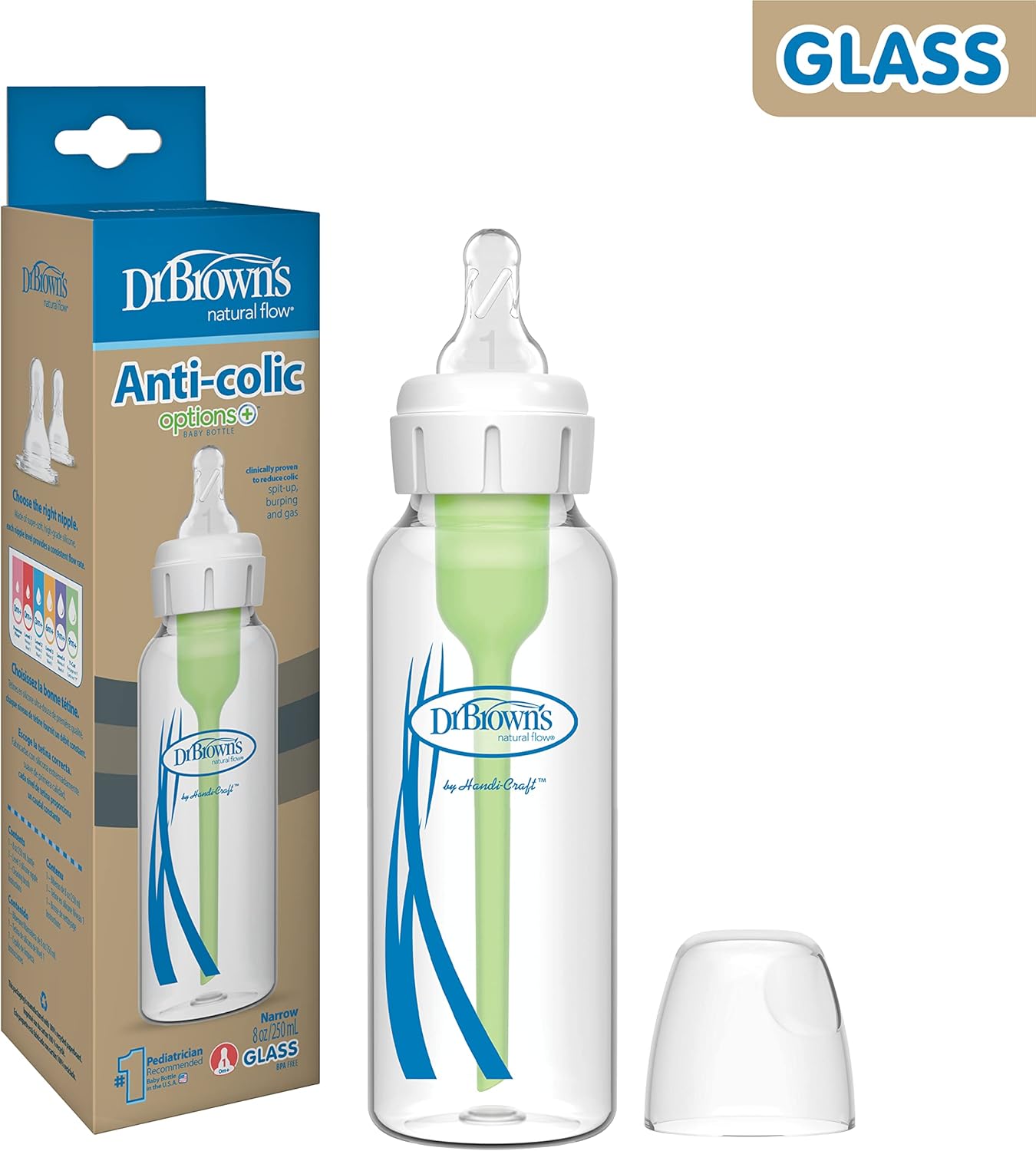 Dr. Brown's Options+ Anti-Colic 250 ml Narrow Glass Bottle for Babies 0+ Months