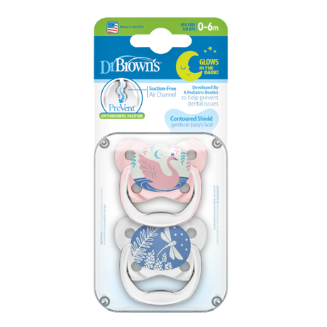 Dr Brown's PreVent Orthodontic Soother Glows-In-The-Dark 2 Pacifiers for 0-6 Months