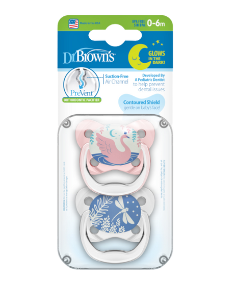 Dr Brown's PreVent Orthodontic Soother Glows-In-The-Dark 2 Pacifiers for 0-6 Months