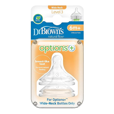 Dr Brown's natural flow Options+ Level 3 silicone nipple for wide-neck bottles | Pack of 2 Teats