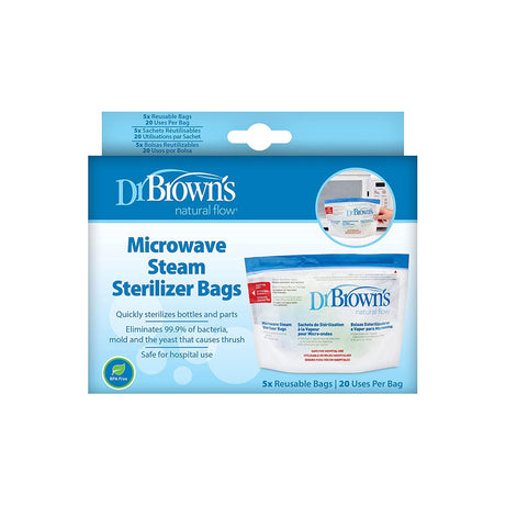 Dr. Brown’s Microwave Steam Sterilizing Bags for Baby Bottles, Pacifiers, and Accessories – 5 Reusable Bags with 20 Uses Per Bag for Quick and Safe Sterilization