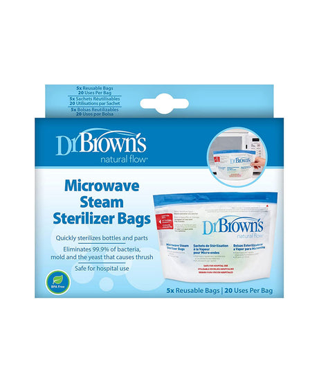 Dr. Brown’s Microwave Steam Sterilizing Bags for Baby Bottles, Pacifiers, and Accessories – 5 Reusable Bags with 20 Uses Per Bag for Quick and Safe Sterilization