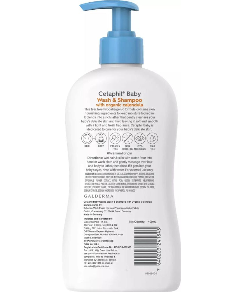 Cetaphil Baby Wash & Shampoo with Organic Calendula, 400ml - MINIMEE KIDS