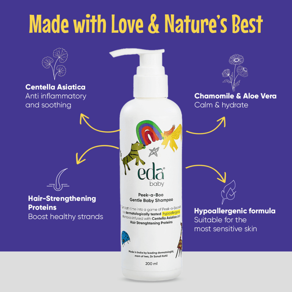 Eda Baby Peek-a-Boo Gentle Baby Shampoo 200ml – Hypoallergenic Tear-Free Formula with Centella Asiatica & Hair Strengthening Proteins for Soft and Healthy Baby Hair