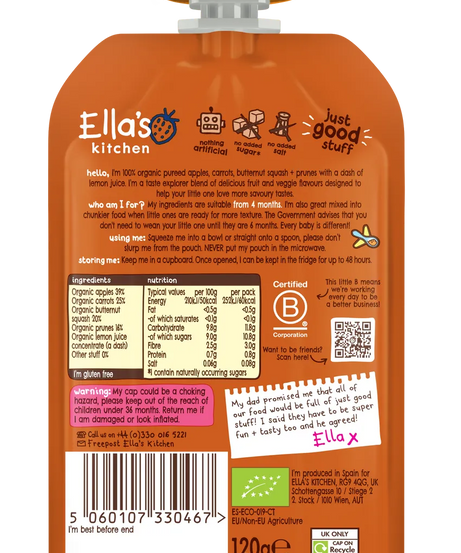 Ella's Kitchen Apples, Carrots, Squash + Prunes Organic Perfect Puree | From 4 Months | Super Smooth | 120g | No Added Sugar or Salt | Gluten-Free
