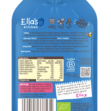 Ella’s Kitchen Blueberries, Apples & Bananas with Vanilla Organic Baby Puree | 100% Fruit | 4+ Months | No Added Sugar | 120g
