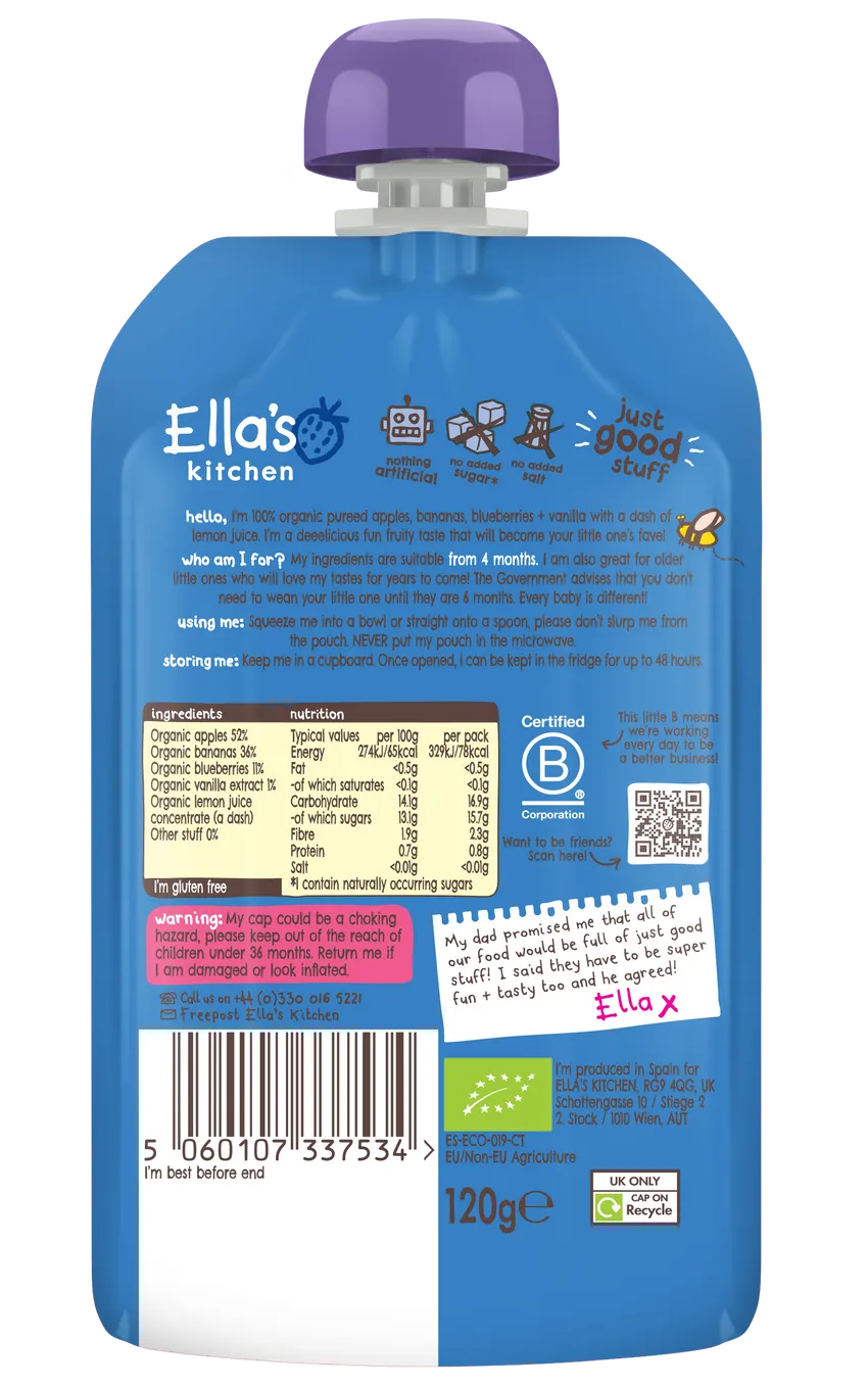 Ella’s Kitchen Blueberries, Apples & Bananas with Vanilla Organic Baby Puree | 100% Fruit | 4+ Months | No Added Sugar | 120g
