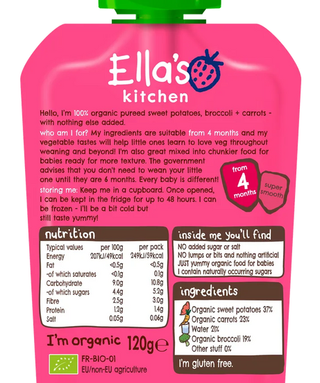 Ella’s Kitchen Organic Vegetable Baby Puree – Sweet Potatoes, Broccoli & Carrots | Super Smooth Weaning Pouch for 4+ Months | No Added Salt or Sugar | 120g