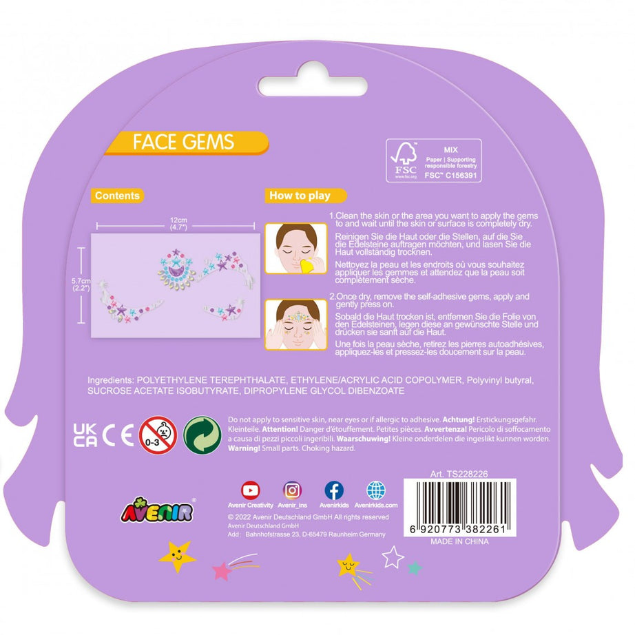 Avenir Face Gems Stickers | 3+ | Stars, Flowers, Crown, Wings | Hypoallergenic, Safe for Kids