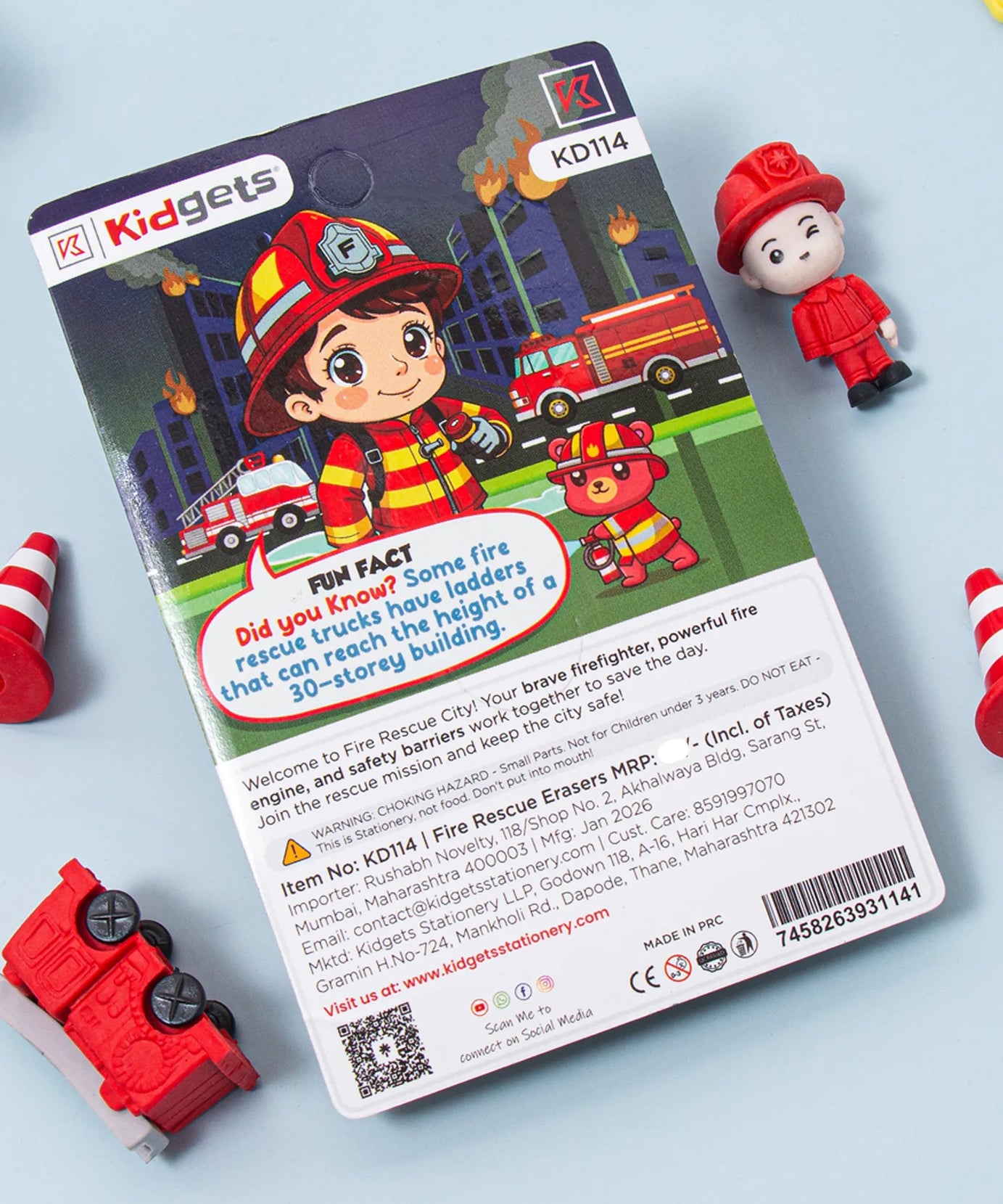Kidgets KD114 Fire Rescue 3D Eraser Set for Kids | 4-Piece Firefighter & Engine Stationery Kit | Fun Collectible Puzzle Erasers
