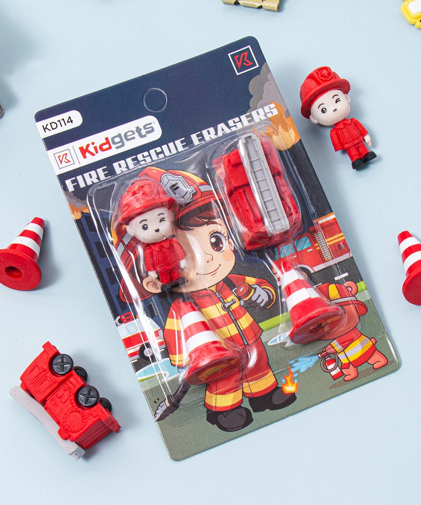 Kidgets KD114 Fire Rescue 3D Eraser Set for Kids | 4-Piece Firefighter & Engine Stationery Kit | Fun Collectible Puzzle Erasers