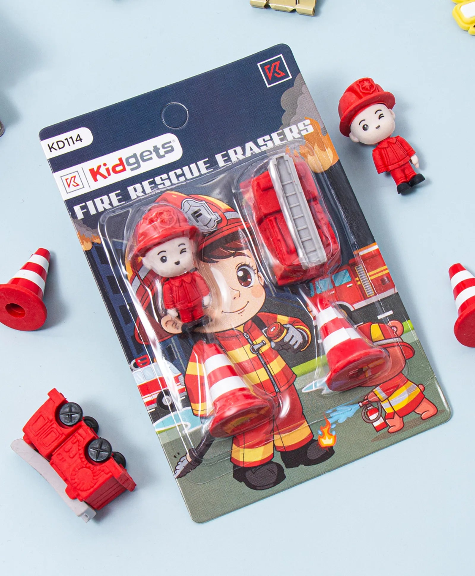 Kidgets KD114 Fire Rescue 3D Eraser Set for Kids | 4-Piece Firefighter & Engine Stationery Kit | Fun Collectible Puzzle Erasers
