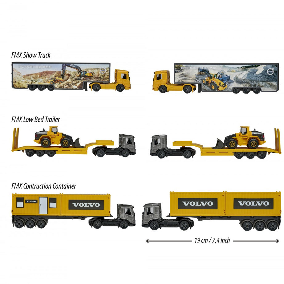 Majorette Volvo Construction Series Die-Cast Trucks 3 Variants - FMX Construction Container, FMX Low Bed Trailer, FMX Show Truck | Realistic Detailing, Durable Build, Ideal for Kids & Collectors | Premium Construction Vehicles for Ages 3+