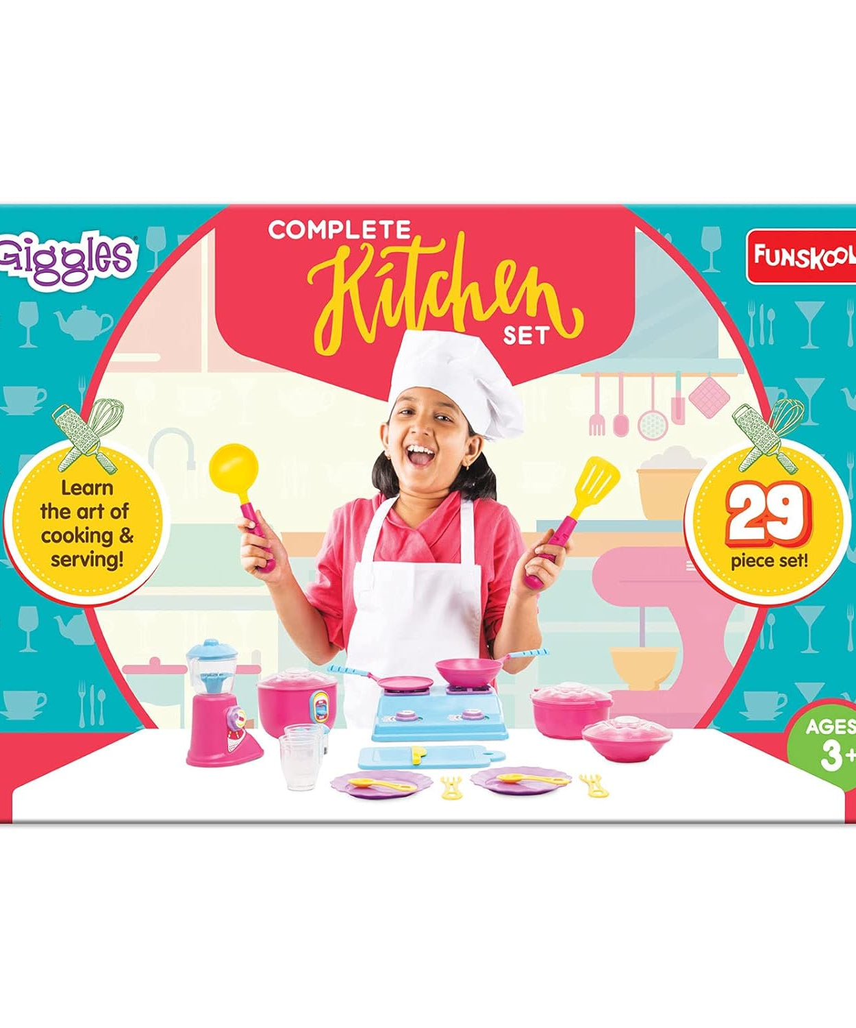 Funskool Giggles Complete Kitchen Set – 29-Piece Colourful Pretend and Play Cooking Set for Kids – Encourages Language, Social Skills & Role Play – for Ages 3 and Above - MINIMEE KIDS