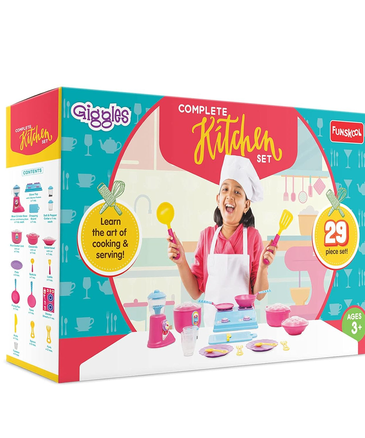 Funskool Giggles Complete Kitchen Set – 29-Piece Colourful Pretend and Play Cooking Set for Kids – Encourages Language, Social Skills & Role Play – for Ages 3 and Above - MINIMEE KIDS