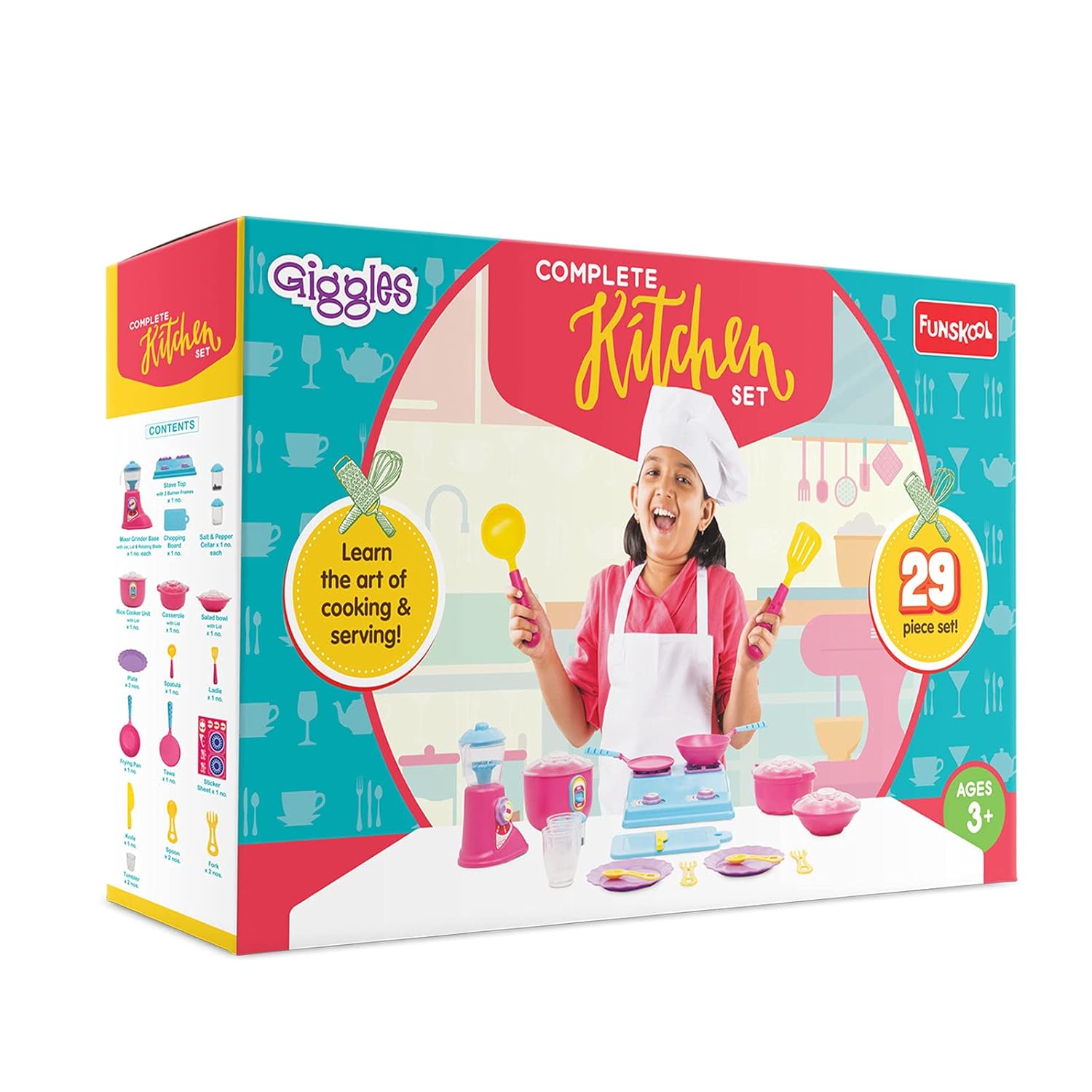 Funskool Giggles Complete Kitchen Set – 29-Piece Colourful Pretend and Play Cooking Set for Kids – Encourages Language, Social Skills & Role Play – for Ages 3 and Above