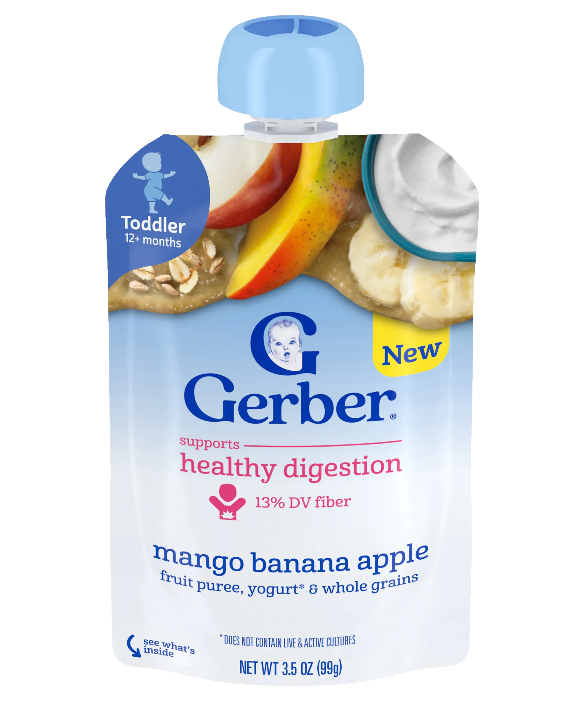 Gerber Mango Banana Apple Fruit Puree, Yogurt & Whole Grains | Supports Healthy Digestion for Toddlers 12+ months | 99g
