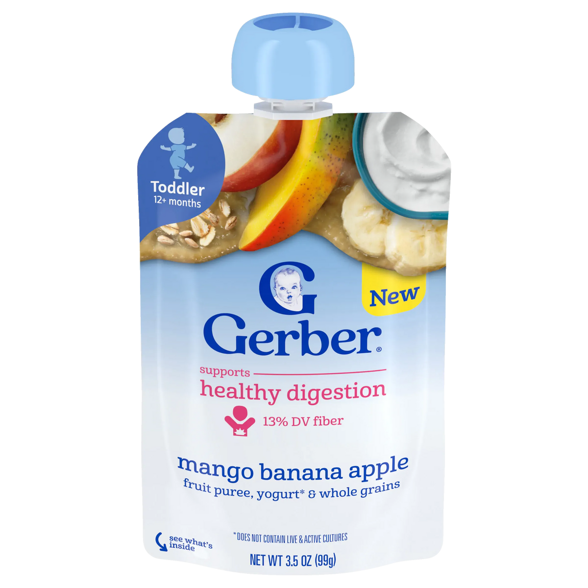 Gerber Mango Banana Apple Fruit Puree, Yogurt & Whole Grains | Supports Healthy Digestion for Toddlers 12+ months | 99g