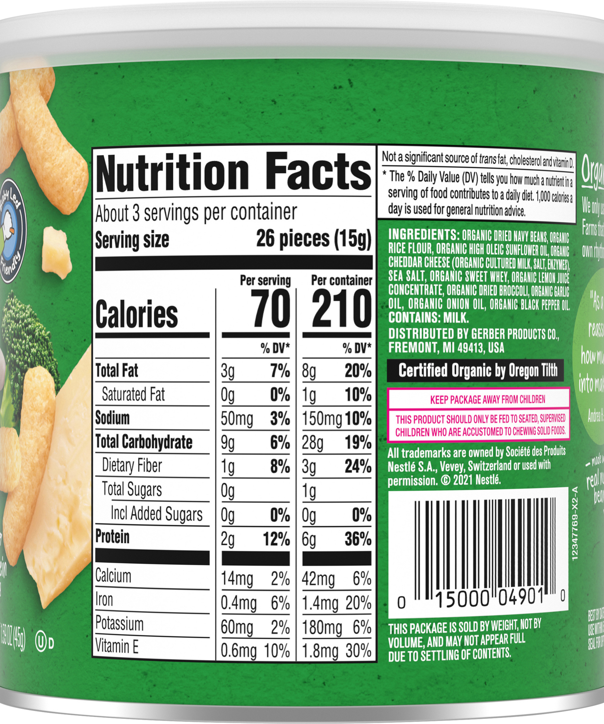 Gerber Organic Lil' Crunchies White Cheddar Broccoli for Toddler 12+ Months - 45g